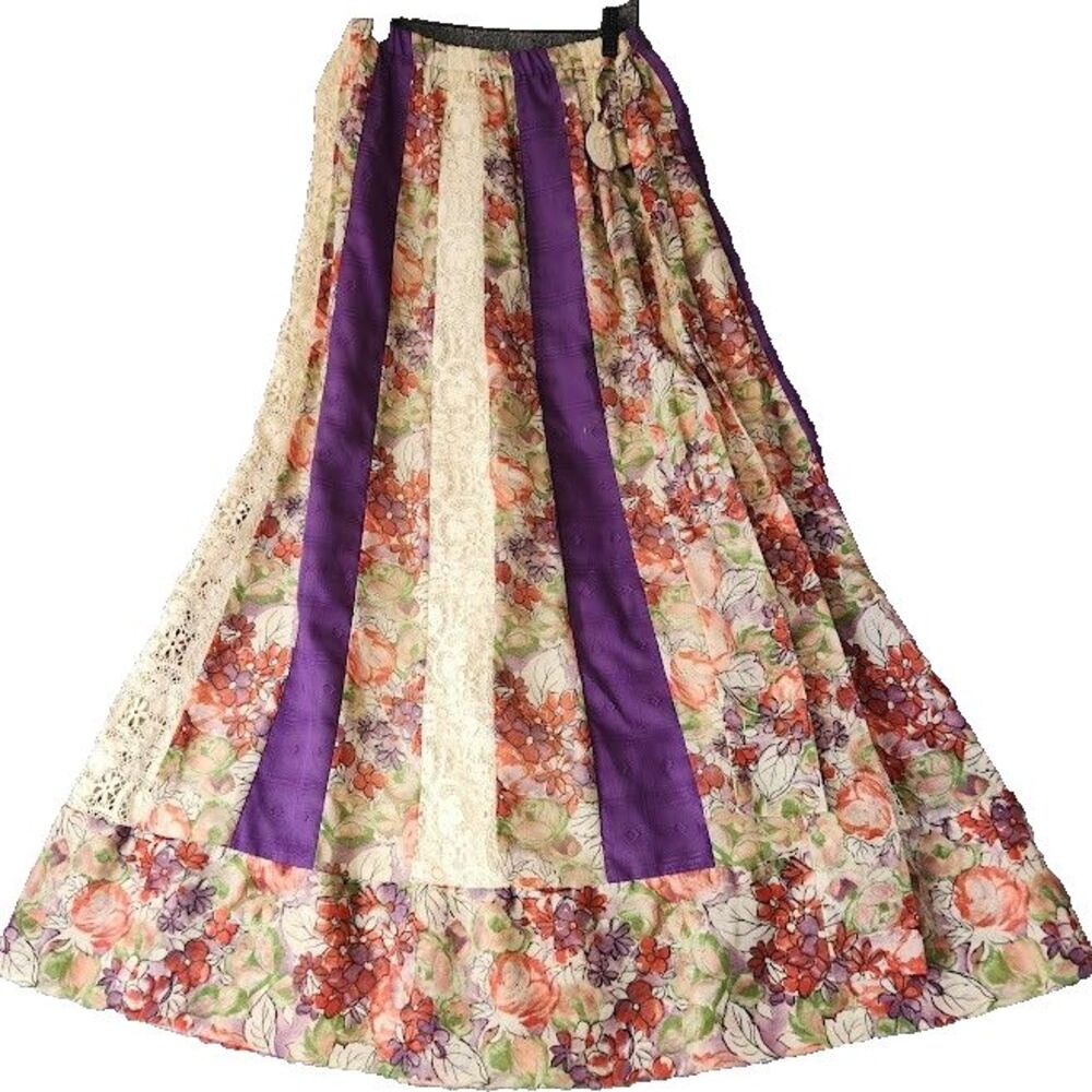 Women Vintage 70's Maxi Peddler Cloak Skirt S Chessa Davis Boho Floral With Sash